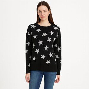 Jones New York NEW Oversized Black Silver Star Crewneck Sweater Metallic Knit SM